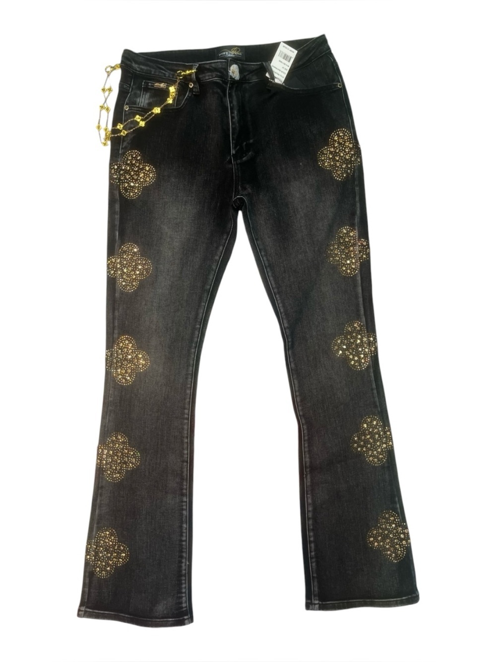 Sz 34 Black Jeans with Gold Studded Clover Motif fashion